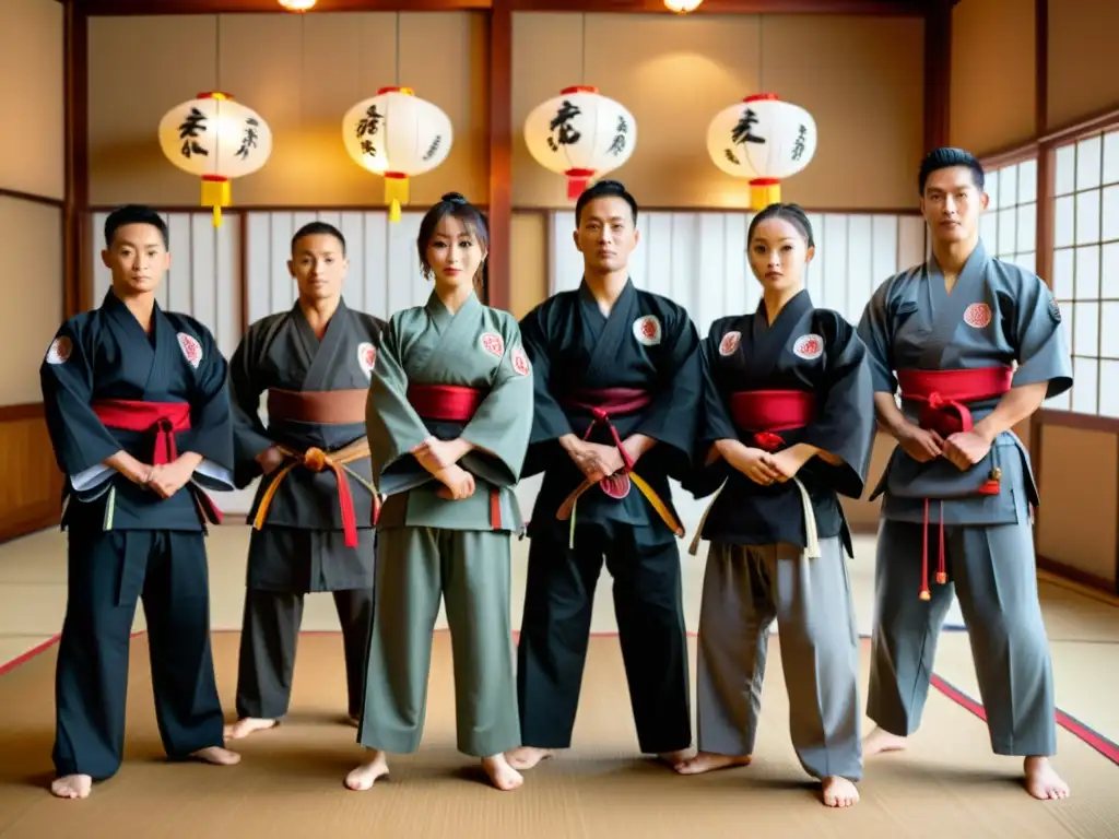 Un grupo de practicantes de artes marciales en trajes formales con temática marcial, en un dojo tradicional con suelos de madera y linternas de papel