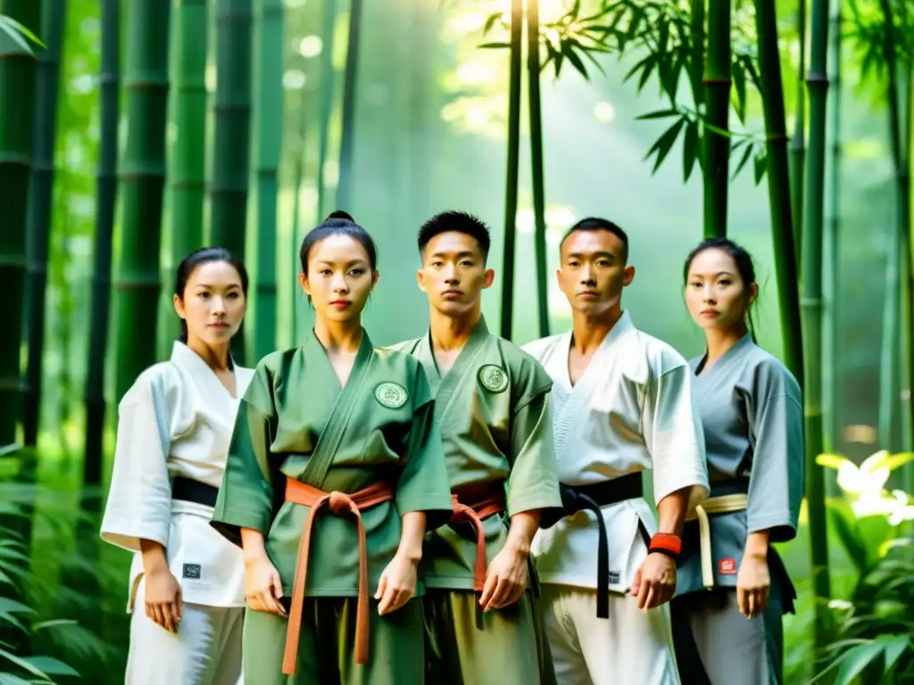 Practicantes de artes marciales con ropa sostenible en un bosque de bambú Un grupo de practicantes de artes marciales vistiendo ropa oficial sostenible y ética, en un bosque de bambú con la luz de la mañana filtrándose a través de las hojas