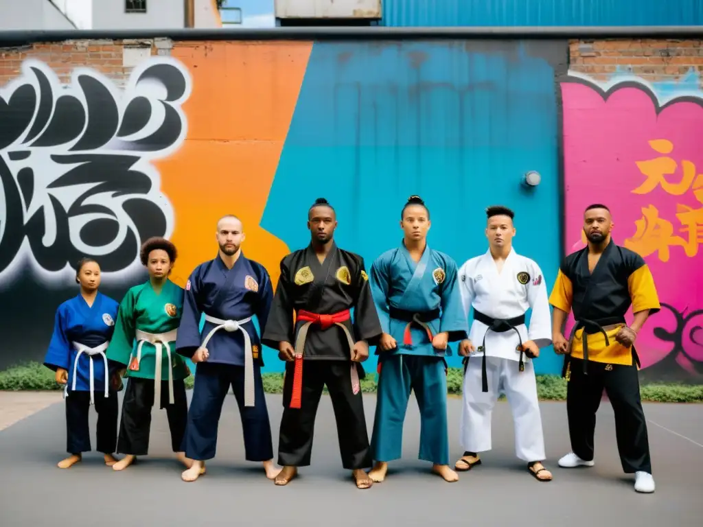 Un grupo de practicantes de artes marciales en atuendos tradicionales y modernos, entrenando frente a un muro graffiteado en un entorno urbano