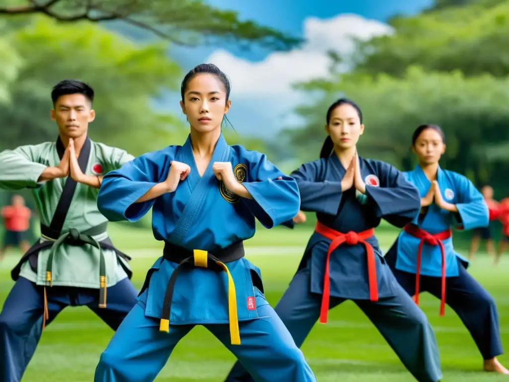 Grupo de practicantes de artes marciales usando ropa de entrenamiento sostenible, realizando movimientos precisos en un entorno natural exuberante