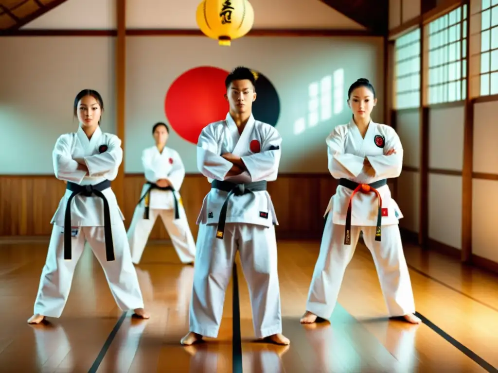 Grupo de practicantes de artes marciales en un dojo tradicional, mostrando técnicas diversas con uniformes personalizados artes marciales