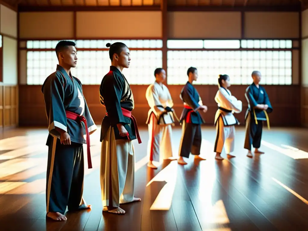 Un grupo de practicantes de artes marciales, con trajes tradicionales, entrenando en un dojo con luz solar filtrándose a través de las ventanas