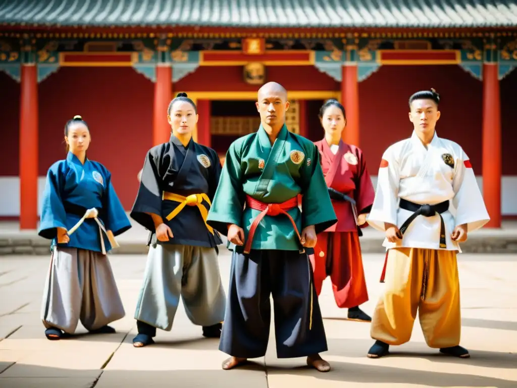 Un grupo de practicantes de artes marciales en un templo, resaltando la importancia de la ropa de entrenamiento en las artes marciales