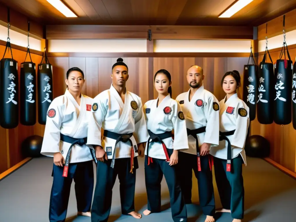 Un grupo de practicantes de artes marciales en un dojo tradicional con uniformes personalizados que fusionan tecnología e herencia