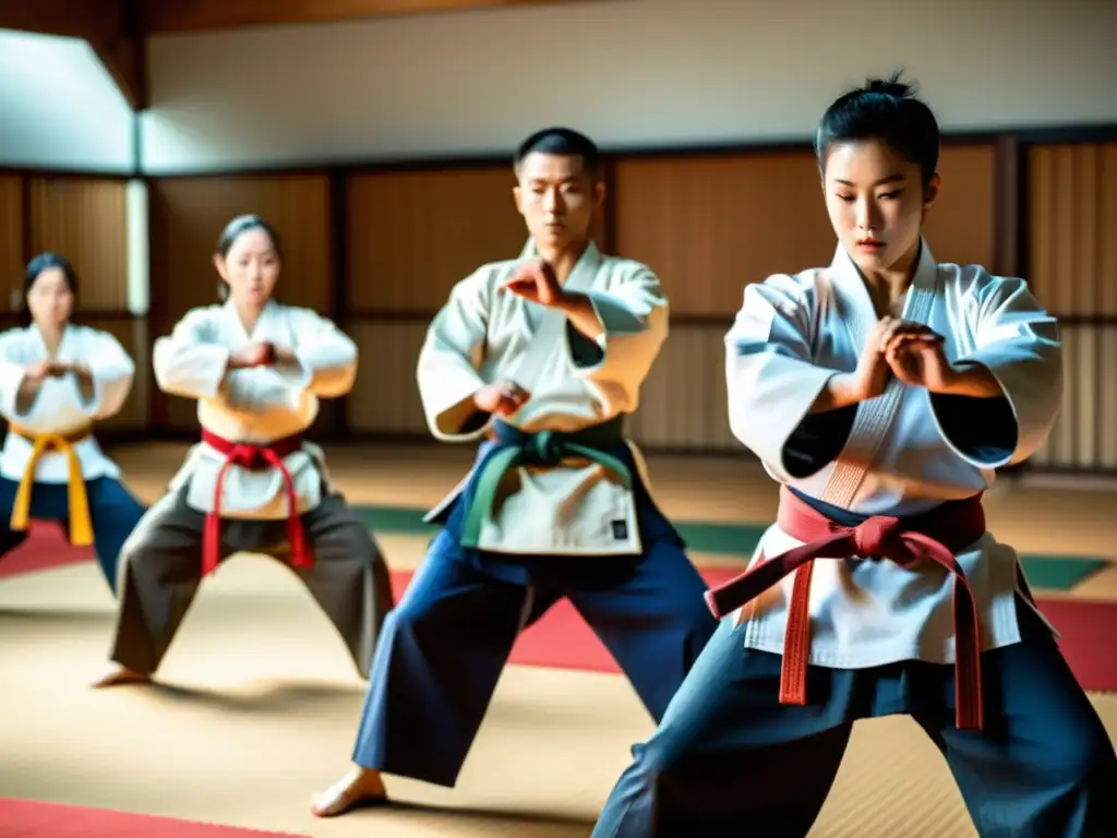 Grupo de practicantes de artes marciales en un dojo, demostrando precisión y poder en movimientos