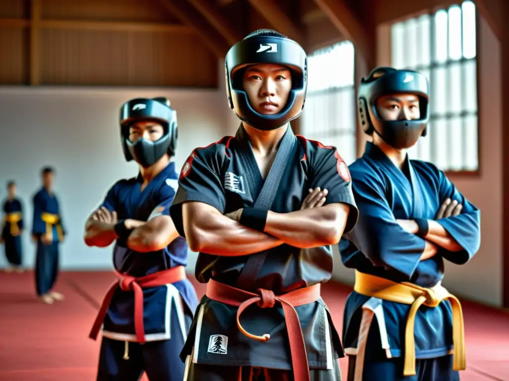 Un grupo de practicantes de artes marciales con cascos y protectores oficiales, listos para el entrenamiento con determinación y disciplina