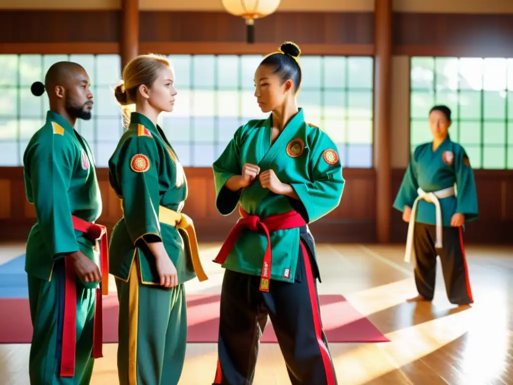 Grupo de practicantes de artes marciales con uniformes personalizados en un dojo, reflejando individualidad y unidad