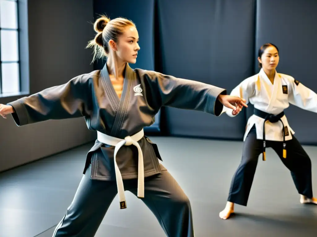 Un grupo de practicantes de artes marciales con la mejor ropa de entrenamiento, demostrando técnicas precisas en un estudio amplio y bien iluminado