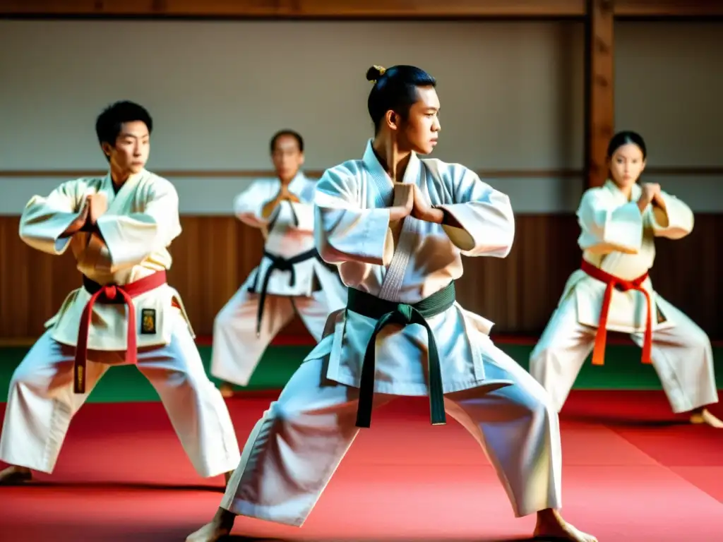 Un grupo de practicantes de artes marciales ejecutando una kata sincronizada en un dojo sereno, resaltando la importancia de la ropa de entrenamiento