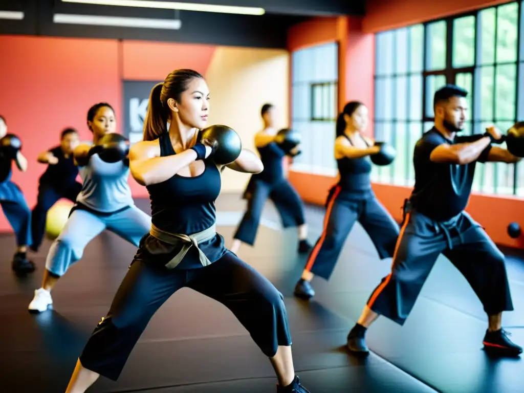 Grupo de practicantes de artes marciales realiza entrenamiento funcional en clínica especializada, mostrando determinación y disciplina