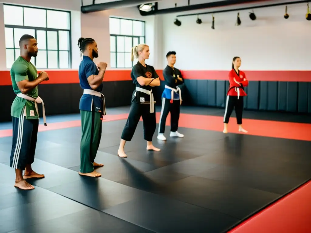 Grupo de practicantes de artes marciales realizando entrenamiento funcional en un gimnasio espacioso