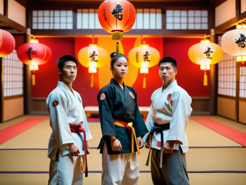 Grupo de practicantes de artes marciales entrenando con disciplina y concentración en un dojo tradicional