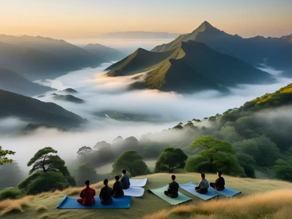 Un grupo de practicantes de artes marciales realiza Qi Gong al amanecer en un valle montañoso cubierto de neblina