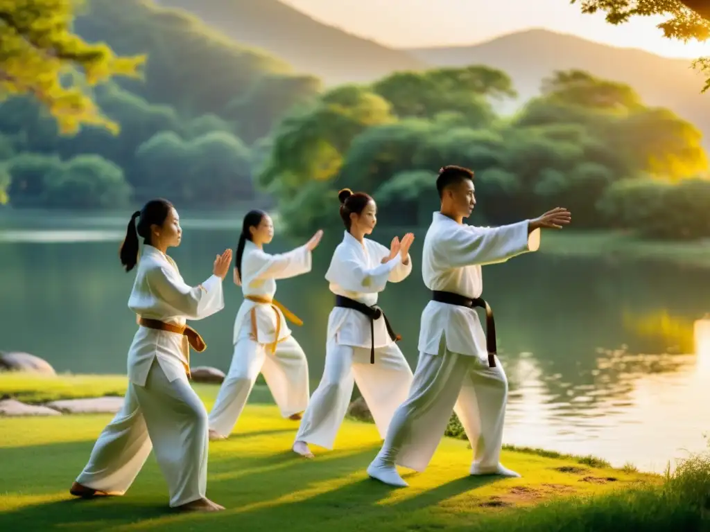 Grupo de practicantes de artes marciales en gi blanco realizando tai chi al amanecer junto a un lago sereno, transmitiendo paz y disciplina