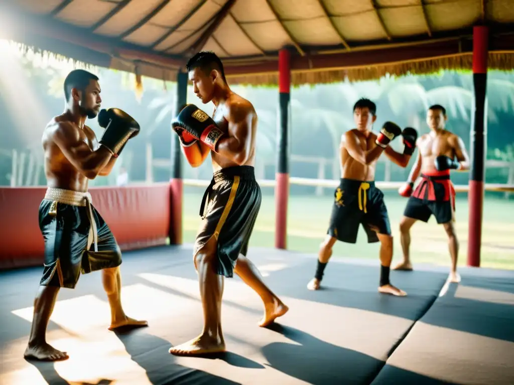 Grupo de practicantes de artes marciales entrenando en un campamento tradicional de Muay Thai en Tailandia, con un ambiente de intensidad y disciplina