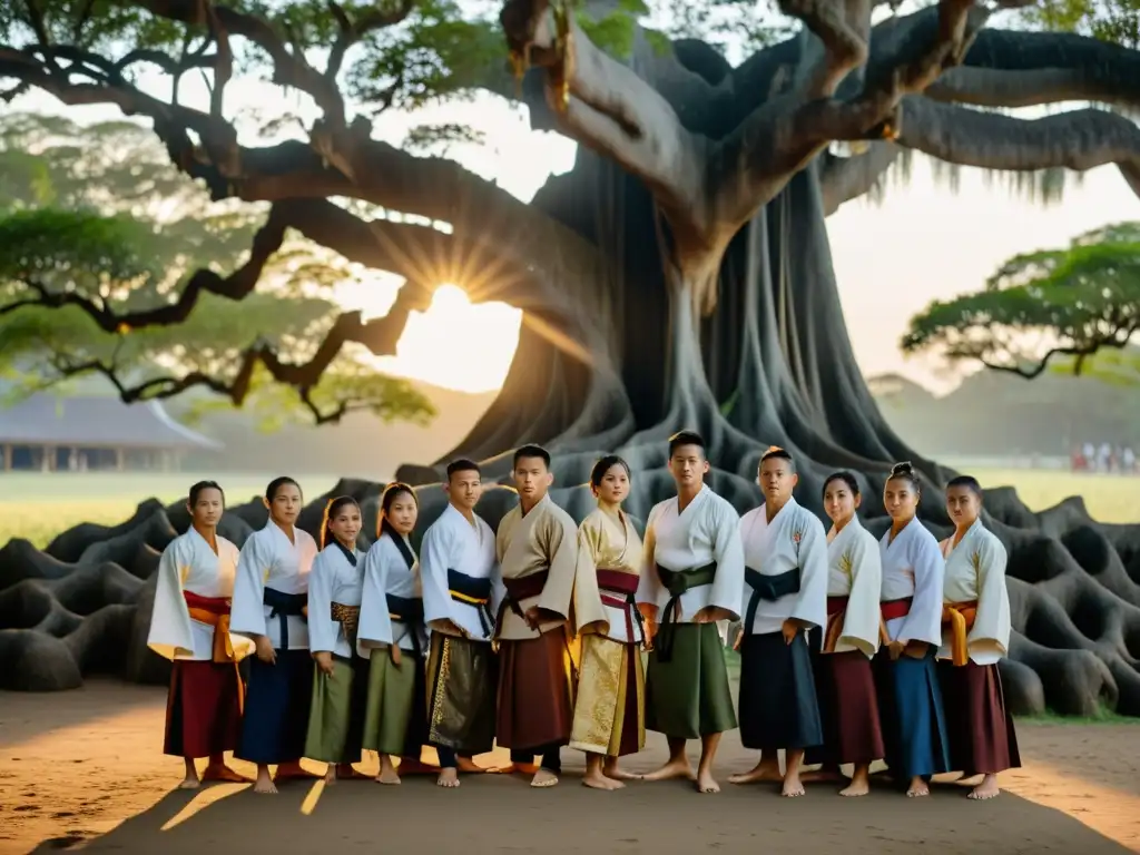 Un grupo de practicantes de artes marciales filipinas se reúne bajo un árbol de baniano al atardecer, con trajes tradicionales y enfoque