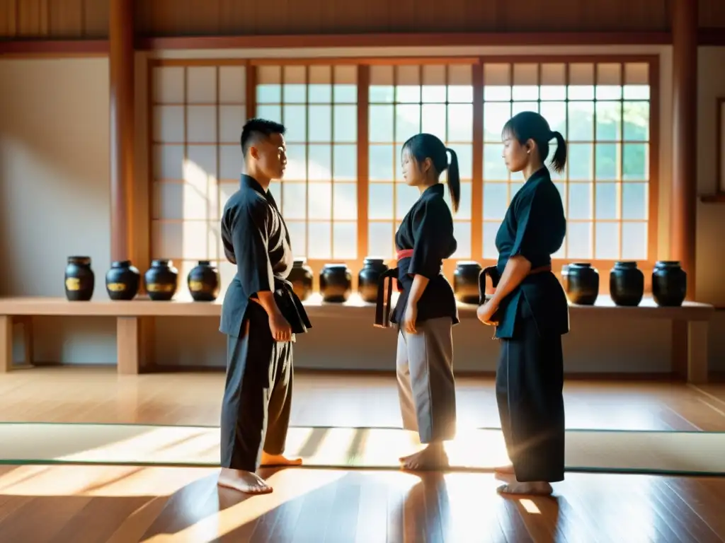 Un grupo de practicantes de artes marciales se reúne en un dojo tradicional, mostrando fuerza y disciplina