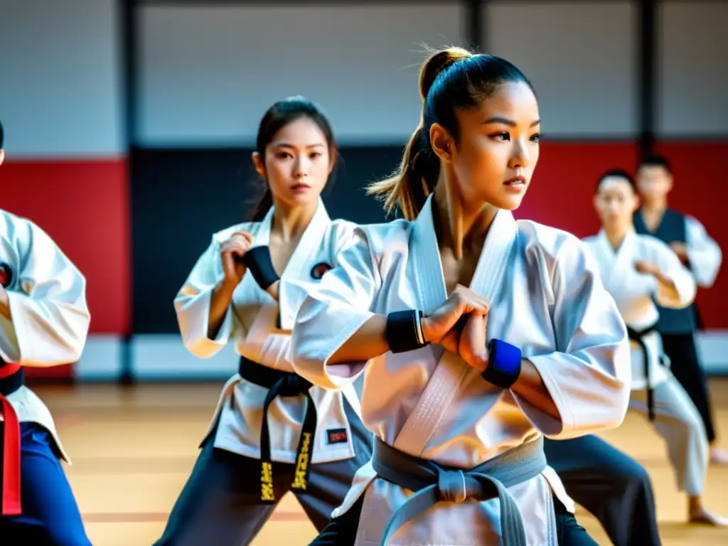 Grupo de practicantes de artes marciales con wearables, fusionando tradición y tecnología en disciplinas como karate, taekwondo y kung fu