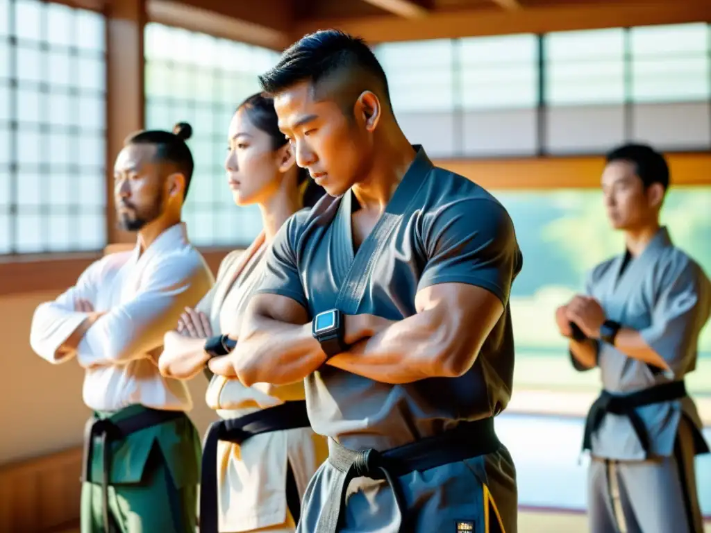 Un grupo de practicantes de artes marciales con smartwatches en un dojo tradicional, entrenamiento marcial con sabiduría y disciplina