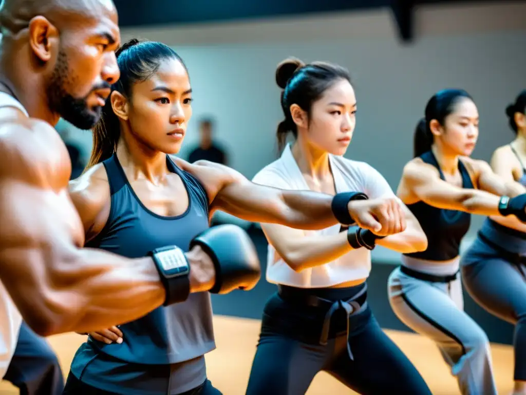 Un grupo de practicantes de artes marciales con wearables para entrenamiento en artes marciales, enfocados y sudorosos, entrenando en un dojo