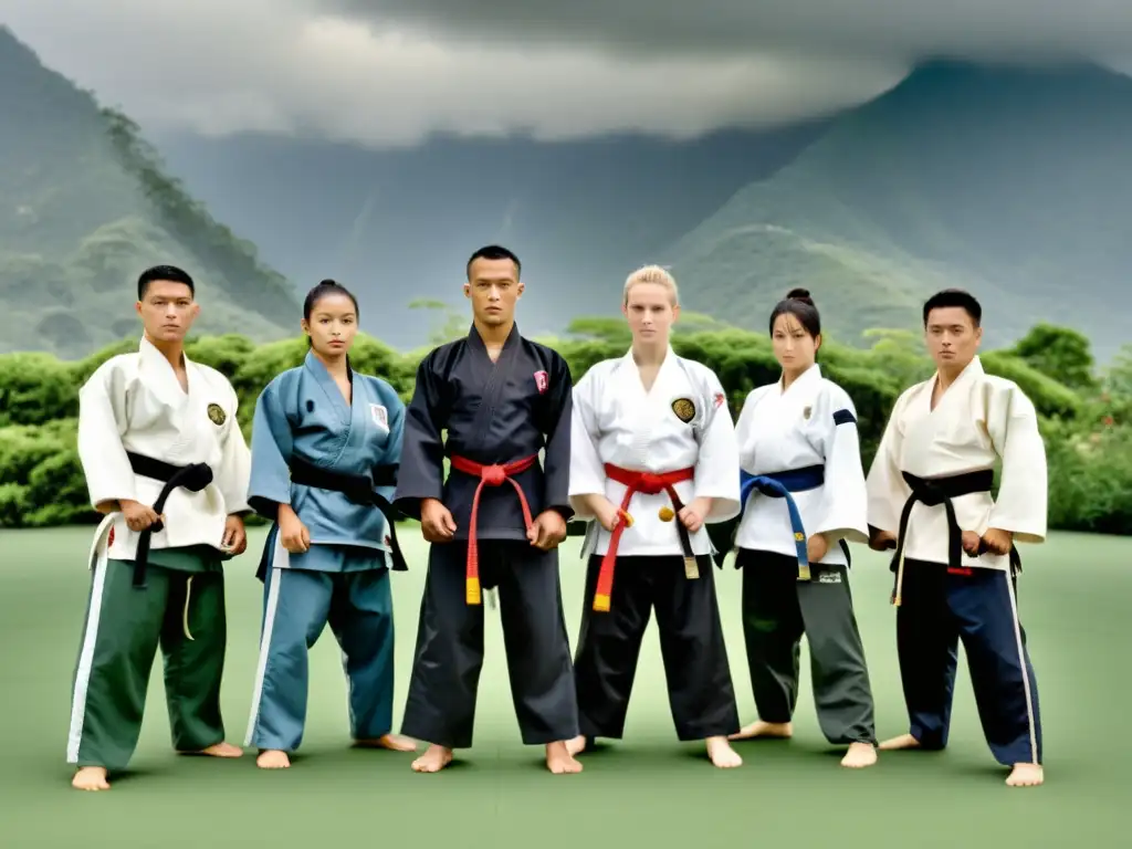 Un grupo de practicantes de artes marciales en un entorno natural, mostrando determinación y disciplina