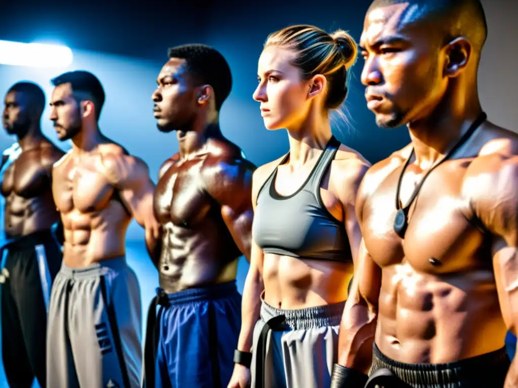 Un grupo de practicantes de artes marciales, cada uno en una disciplina diferente, usando cronómetros para medir sus intervalos de entrenamiento