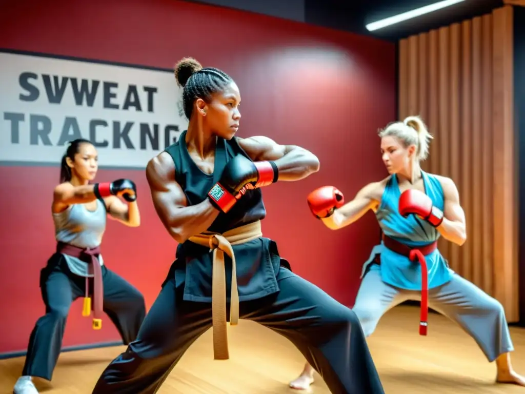 Un grupo de practicantes de artes marciales con rastreadores de fitness realizando entrenamiento de alta intensidad en un dojo tradicional