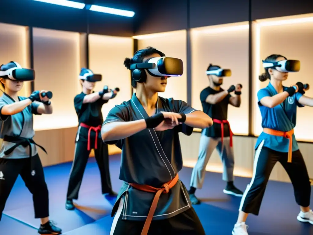 Un grupo de practicantes de artes marciales se sumerge en entrenamientos de autodefensa en realidad virtual, enfocados y determinados