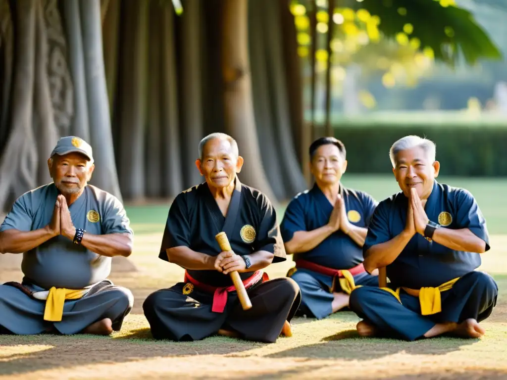 Un grupo de practicantes de artes marciales retirados se reúnen bajo un árbol de mango en Filipinas