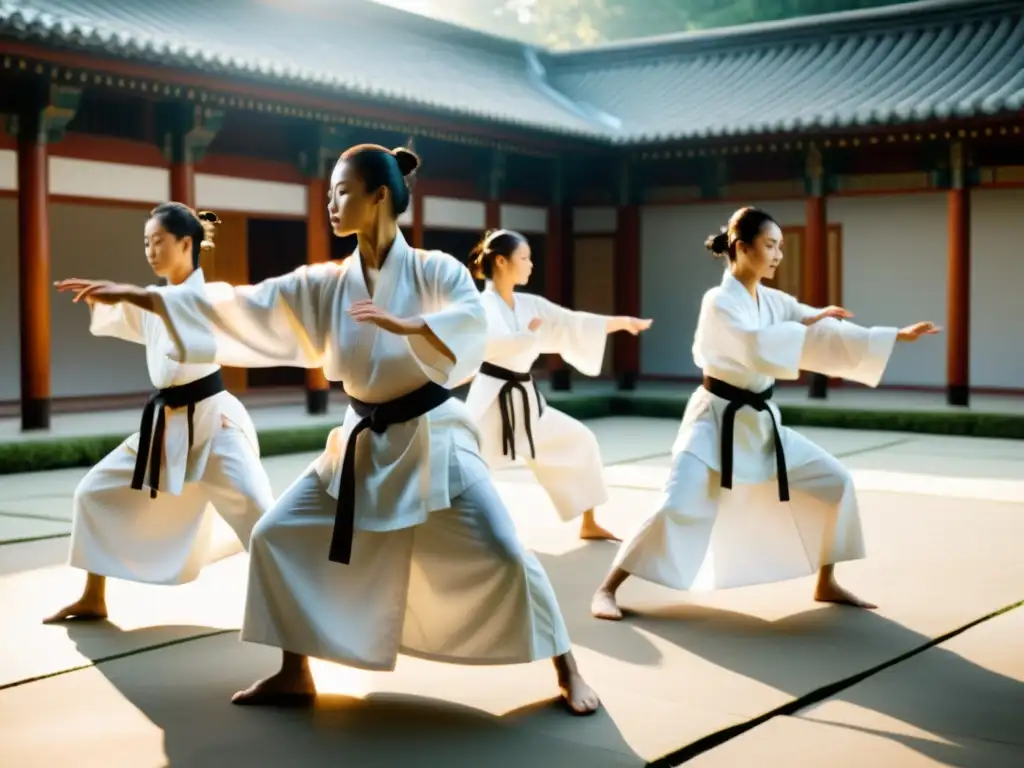 Un grupo de practicantes de artes marciales vestidos con túnicas blancas realizan movimientos precisos y fluidos en un patio sereno y soleado