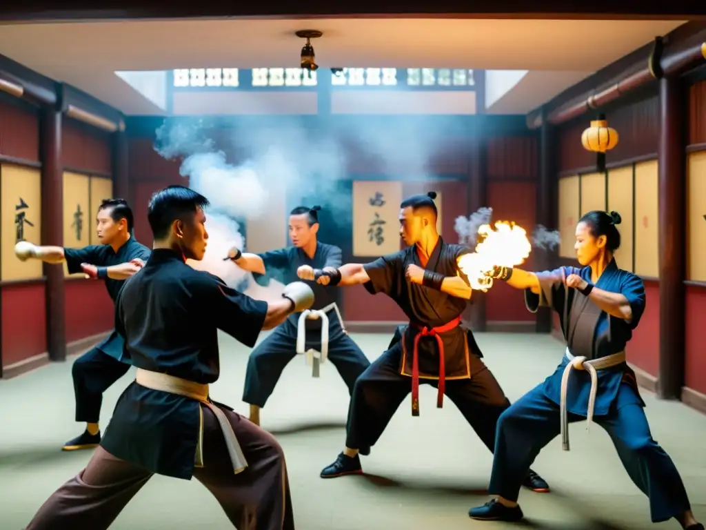 Grupo de practicantes de artes marciales de Wing Chun en Hong Kong, en un entrenamiento tradicional, evocando la historia y la práctica de Bruce Lee