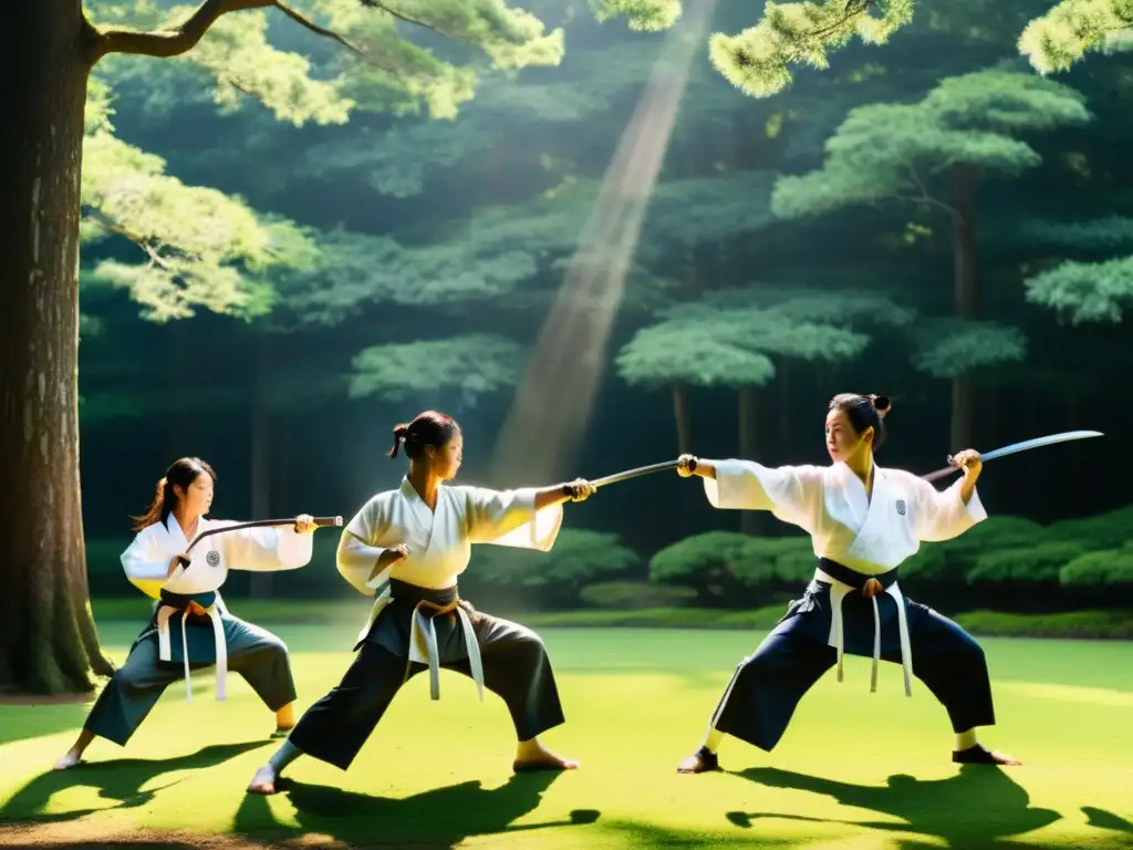 Grupo de practicantes de artes marciales japonesas en un claro de bosque, realizando un kata con espadas, en armonía con la naturaleza