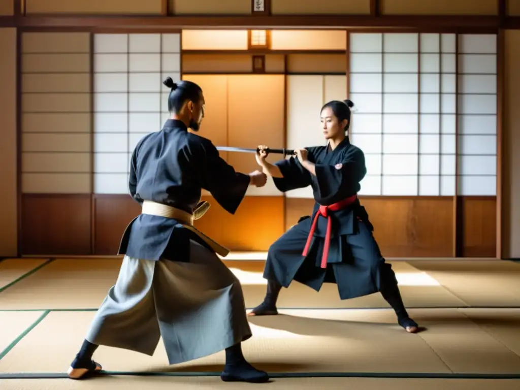 Un grupo de practicantes de artes marciales ejecuta Iaido y Kenjutsu en un dojo japonés, transmitiendo disciplina y habilidad