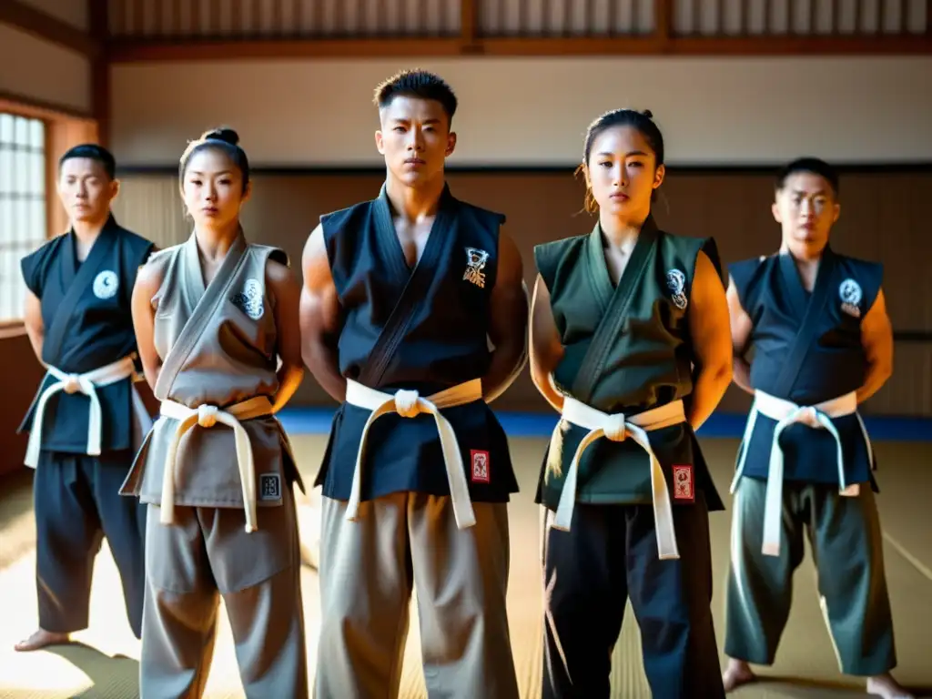 Un grupo de practicantes de artes marciales con chalecos ponderados realizando katas en un dojo tradicional, mostrando determinación y disciplina