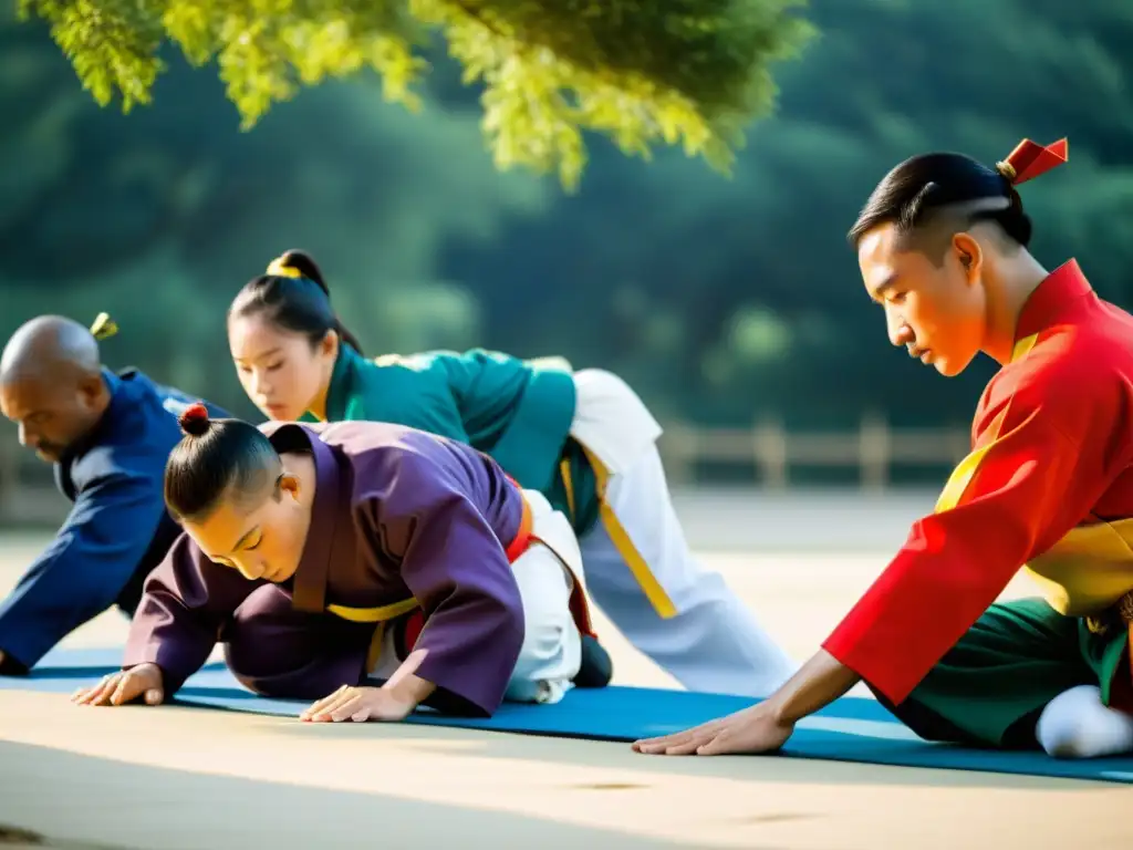 Grupo de practicantes de artes marciales en un entorno sereno, realizando ejercicios de entrenamiento al atardecer