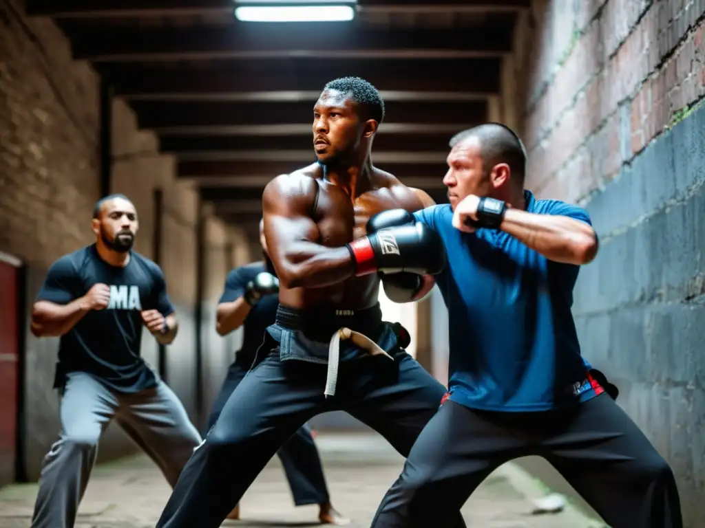 Un grupo de practicantes de artes marciales aplicando técnicas de MMA en defensa personal en un callejón urbano