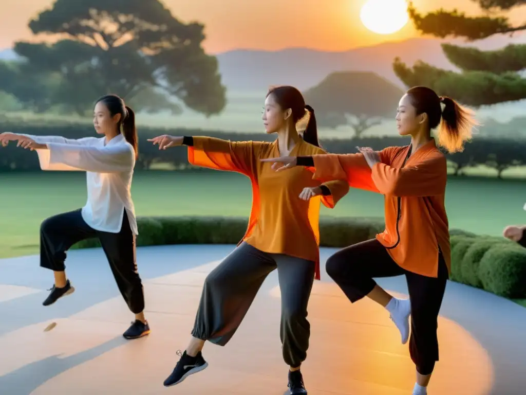 Un grupo de practicantes de Tai Chi con wearables practicando al atardecer