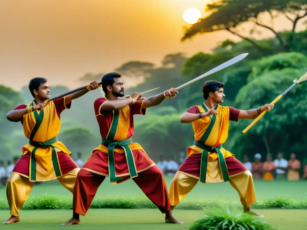 Un grupo de practicantes de silambam en atuendo tradicional tamileño, con bastones alzados, rodeados de exuberante vegetación al atardecer