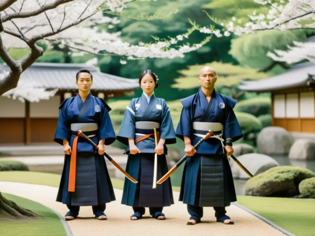 Maestros de kendo en jardín japonés Un grupo de practicantes avanzados de kendo en un jardín japonés, listos para la práctica