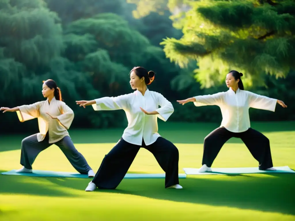 Grupo de practicantes avanzados de Qigong y Tai Chi realizan movimientos sincronizados en un entorno sereno, emanando serenidad y maestría