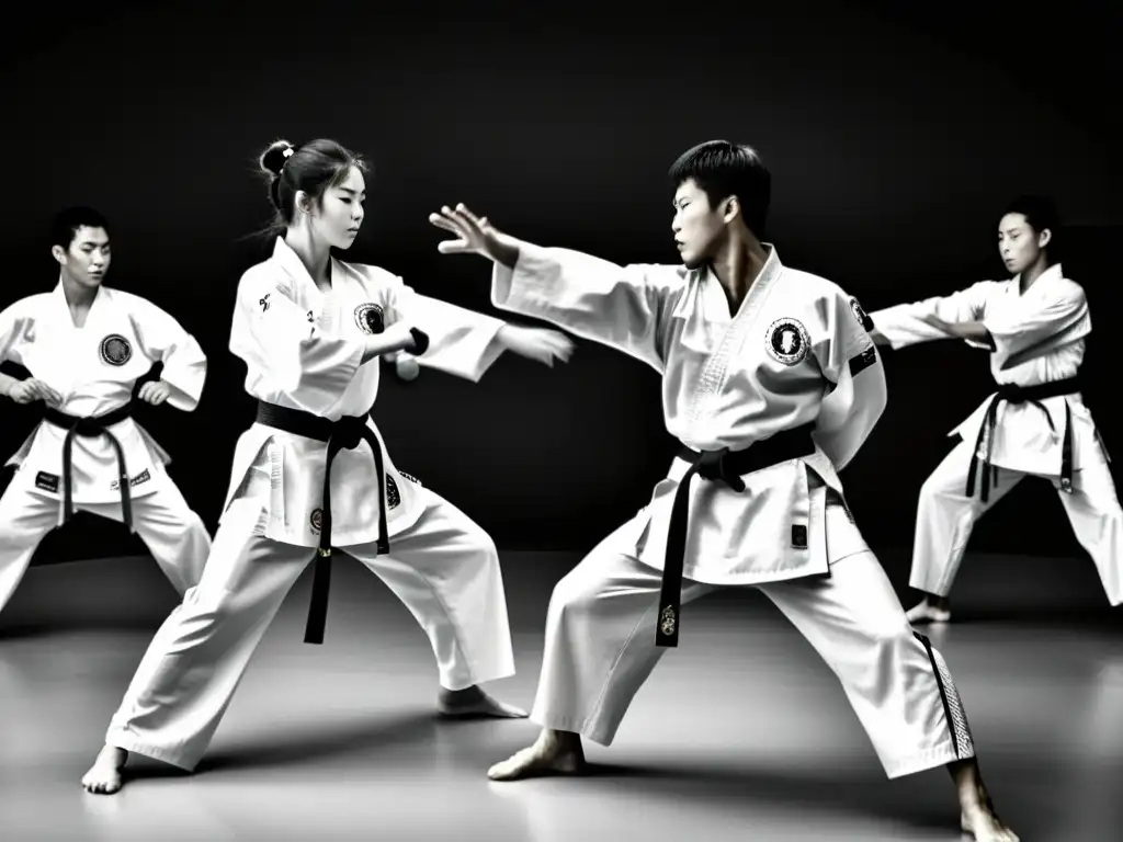 Grupo de practicantes avanzados de Taekwondo realizando formas precisas en un dojang, mostrando disciplina y destreza