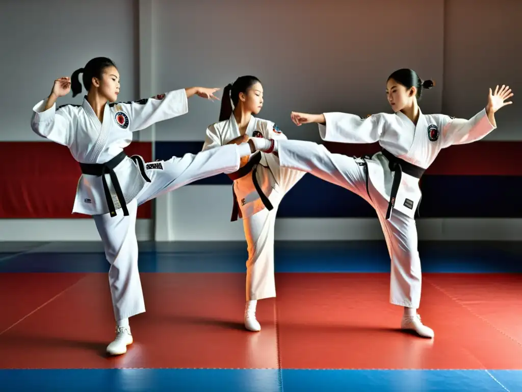 Grupo de practicantes avanzados de taekwondo en un estudio espacioso y bien iluminado, mostrando movimientos precisos y sincronizados