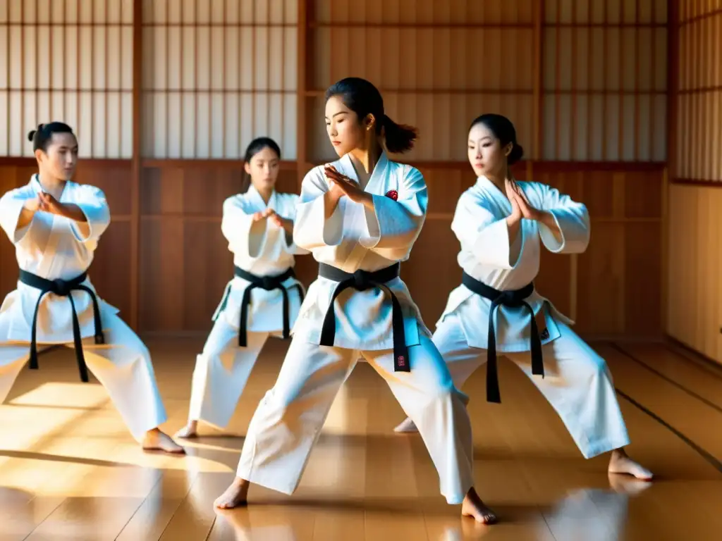 Un grupo de practicantes de karate en uniformes gi blancos realizando una kata sincronizada en un dojo soleado