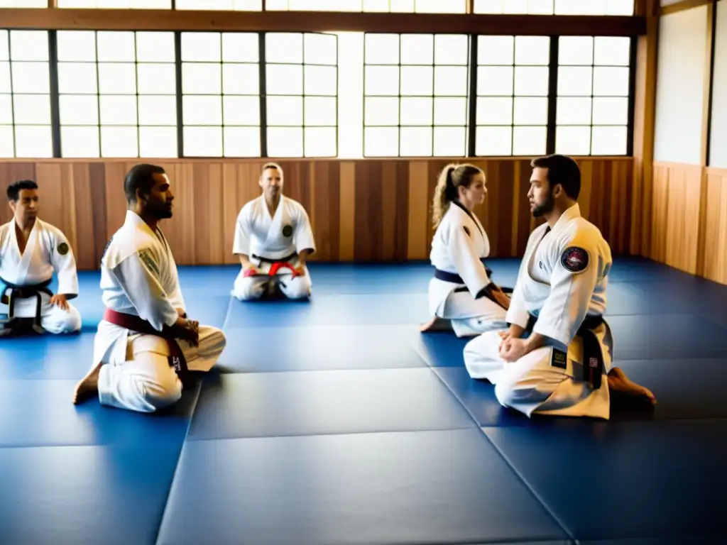 Un grupo de practicantes de JiuJitsu Brasileño se prepara con disciplina y camaradería en un dojo iluminado por luz natural