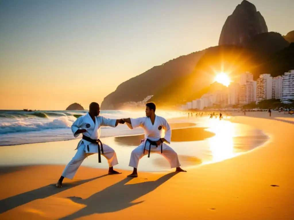 Un grupo de practicantes de JiuJitsu Brasileño se entrena en la playa de Ipanema al atardecer, mostrando la disciplina y la armonía del arte marcial