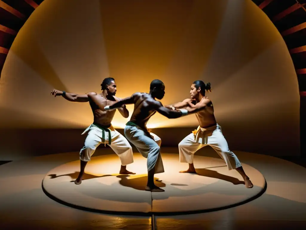 Un grupo de practicantes de capoeira realizando acrobacias y movimientos rítmicos en una roda histórica