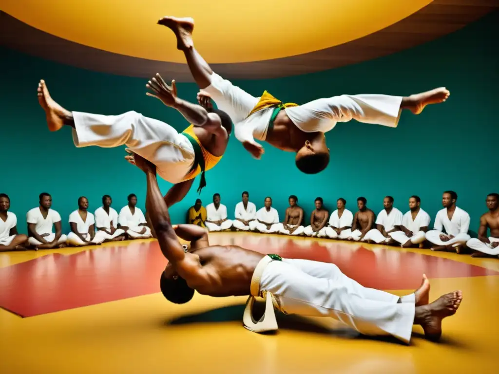 Un grupo de practicantes de capoeira ejecutan acrobacias en una roda, mostrando la energía, la tradición y la filosofía capoeira: origen y significado