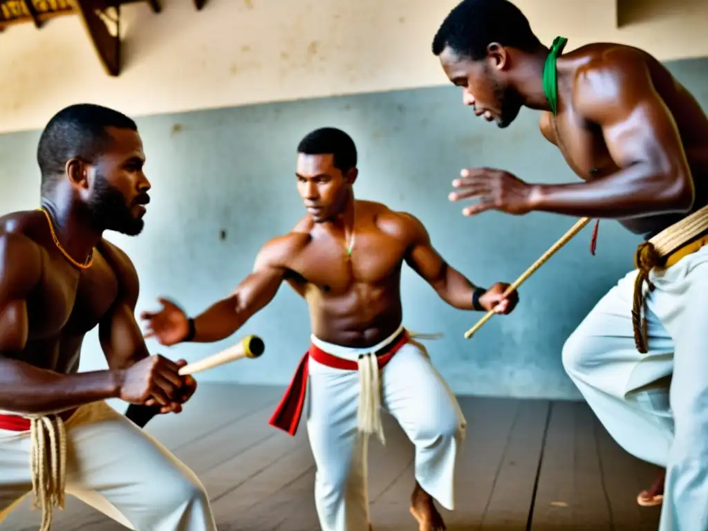 Grupo de practicantes de Capoeira Angola en un roda dinámico, mostrando la rica tradición afrobrasileña de la danza y las artes marciales