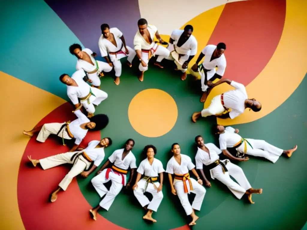 Un grupo de practicantes de Capoeira Angola en una roda, mostrando la intensidad y energía de esta tradición afrobrasileña