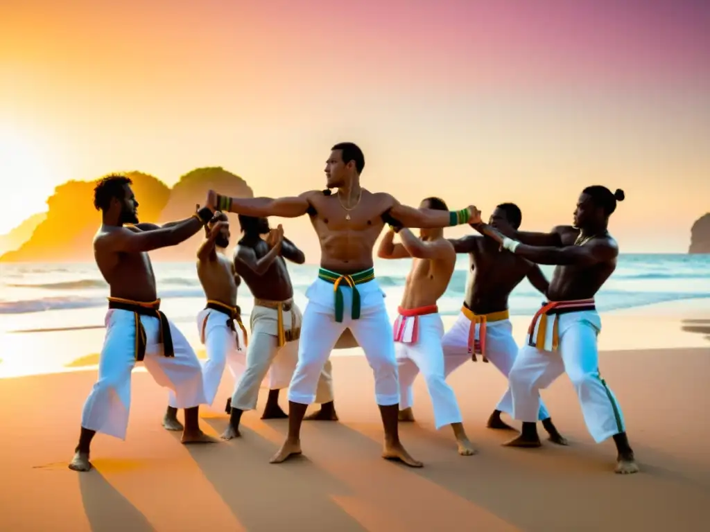 Grupo de practicantes de capoeira en círculo en la playa al atardecer, mostrando la gracia y poder de este arte marcial y sus raíces culturales